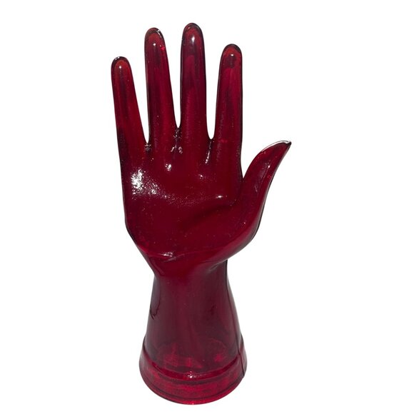 Vintage Ruby Red Glass Hand Jewelry Ring Holder Display Stand